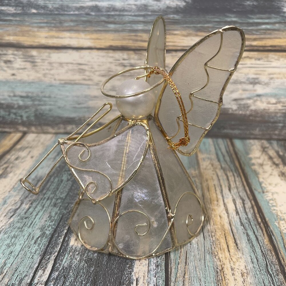 Vtg Ethereal Gold Capiz Shell Angel Christmas Ornament Trombone Instrument 3.5"